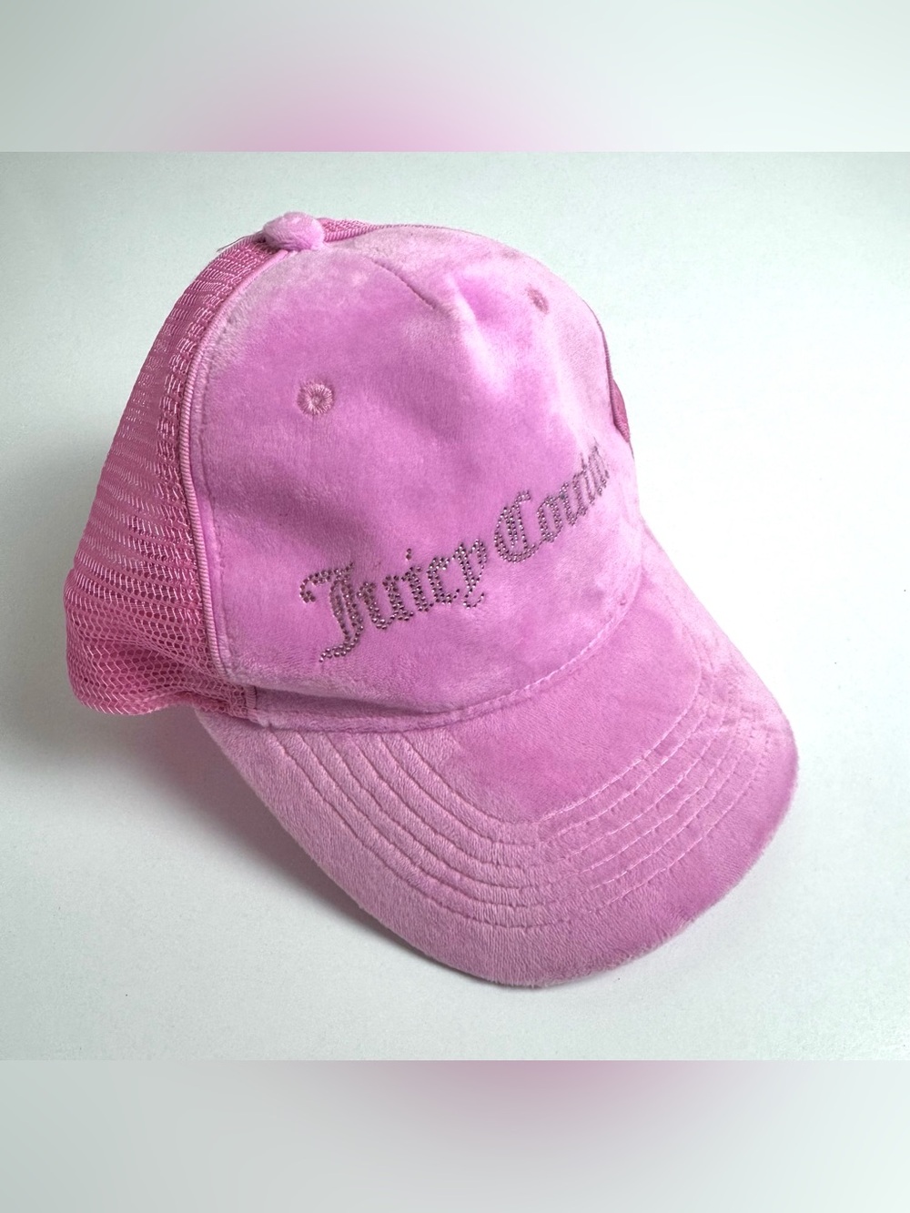 Juicy Couture Pink Velour Trucker Hat Crystals Baseball Hat NEW Y2K Barbiecore
